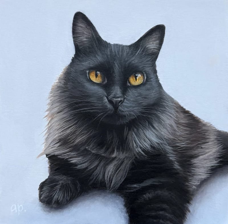 Retrato pintado a mano de Chubi, un gato negro de ojos amarillos