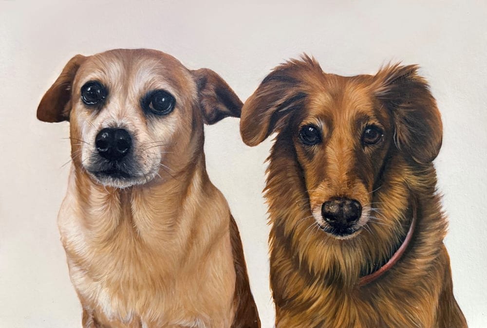 Retrato pintado a mano de Pancha y Lupita, dos perros
