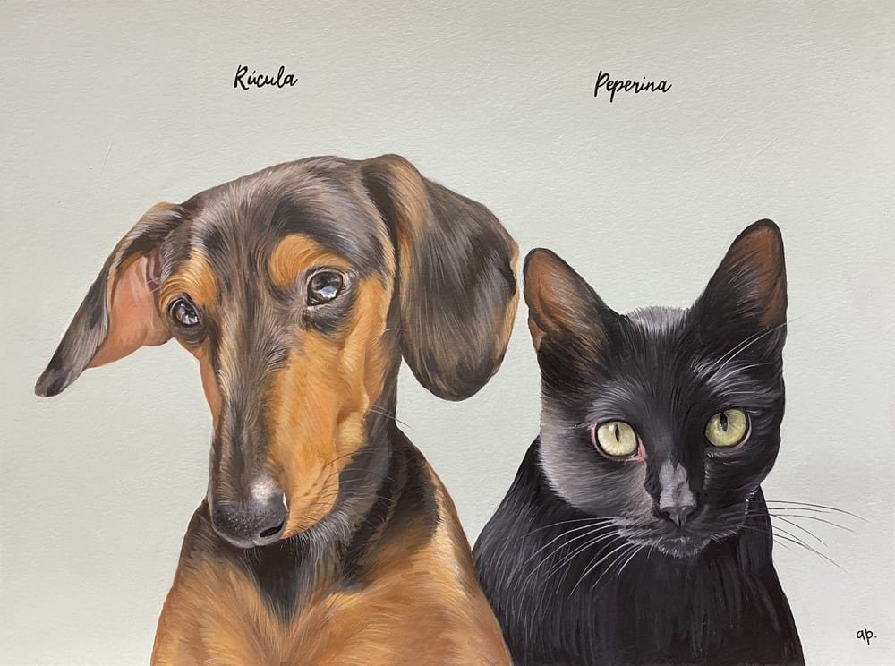 Retrato pintado a mano de Rúcula, un perro salchicha, junto a Peperina, una gata negra